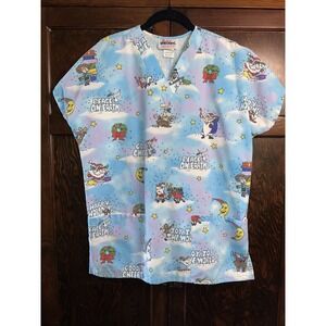 Jasco Small Seasons Greetings Peace On Earth Santa Shoppers Christmas Scrub Top